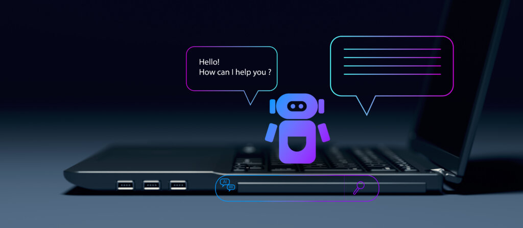 Robot chatbot icon above a laptop keyboard with speech bubbles saying “Hello! How can I help you?” and an AI search bar.