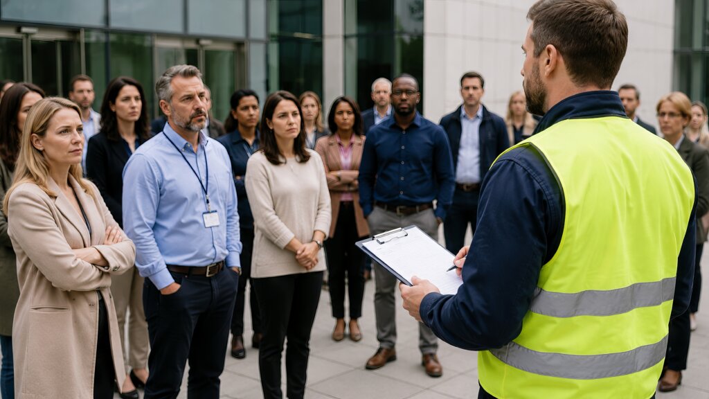 Fire marshal leading group of office workers during building evacuation drill.