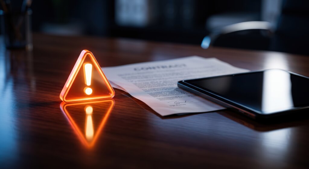 Glowing orange warning triangle next to a signed contract and a tablet on a dark wooden desk.