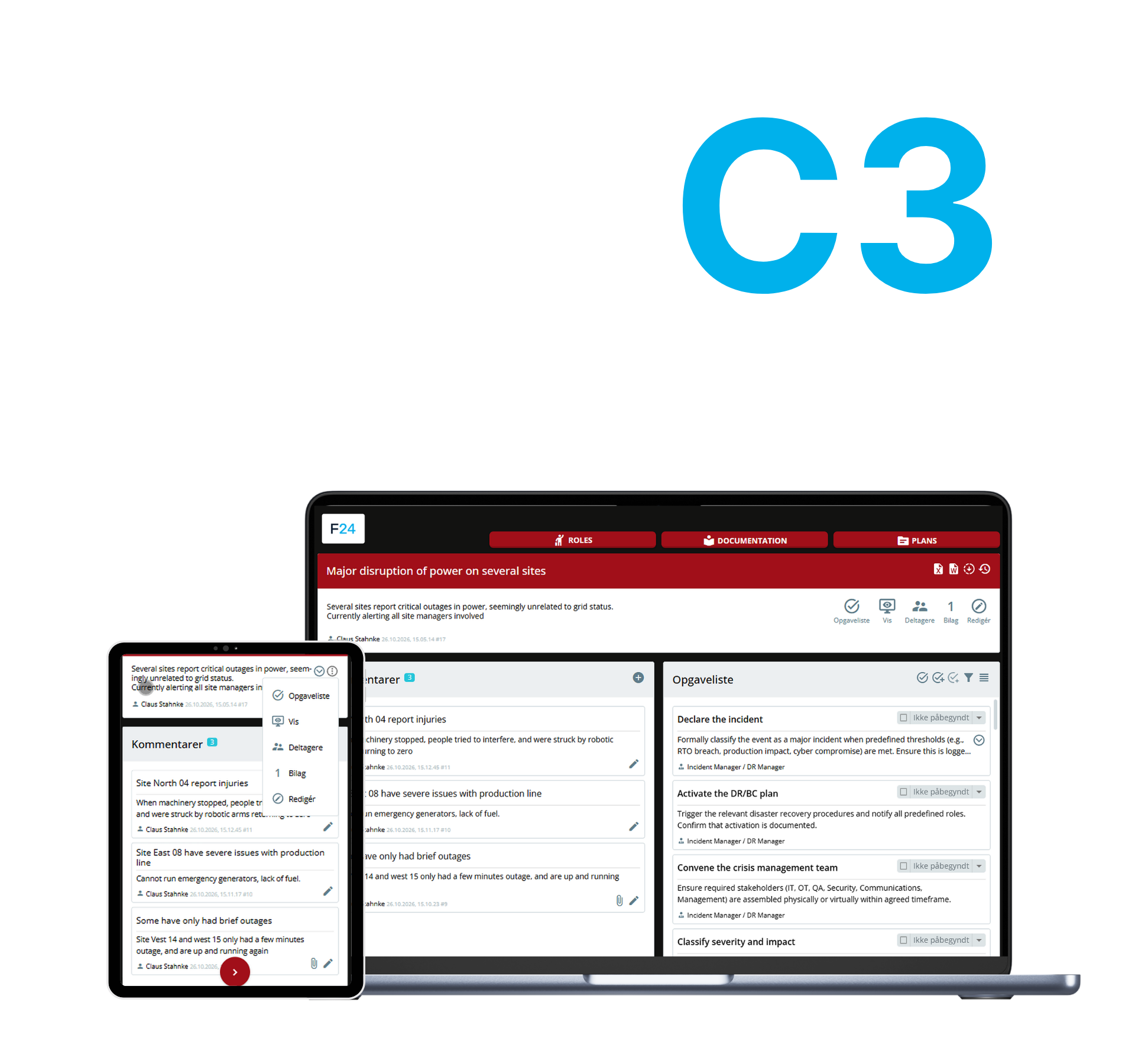 C3 – et F24-produkt: krisestyringsplatformen vist på en laptop og en tablet med en aktiv hændelse, kommentarer og opgaveliste.